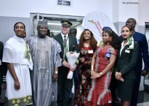 L-R Lensa Bekele Edossa, Perm.Sec Dr. Ibrahim, Capt. Mikel, Mrs.Firiehiwot Mekonnen, Ms.Tano Onoworemu and Gelane Bedass Shifera at the second daily Ethiopian Airlines inaugural flight to Lagos.