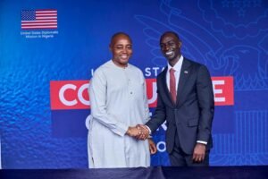 US Consul General, Brandon Hudspeth, shares a warm handshake with Barr. Ifeanyi Ossai, Deputy Governor of Enugu State