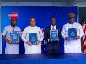 L-R Iheanyi Igboko (Executive Director, Center for Memries Enugu), Barr. Ifeanyi Ossai (Enugu State Deputy Governor), Brandon Hudspeth (US Consular General) and a representative of Federal Government